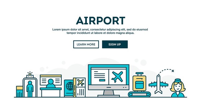 Airport, colorful concept header, flat design thin line style