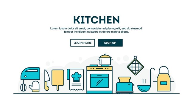 Kitchen, colorful concept header, flat design thin line style