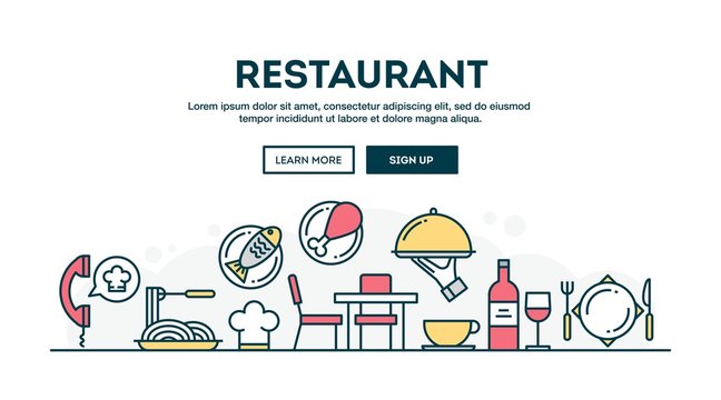 Restaurant, colorful concept header, flat design thin line style