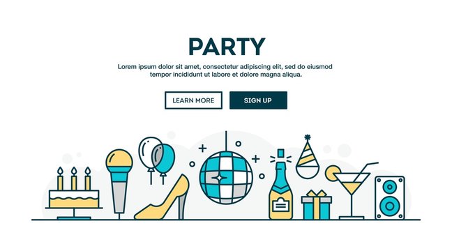 Party, colorful concept header, flat design thin line style