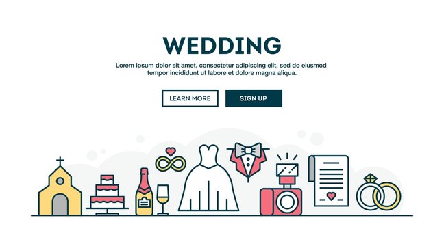 Wedding, colorful concept header, flat design thin line style