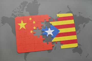 puzzle with the national flag of china and catalonia on a world map background.