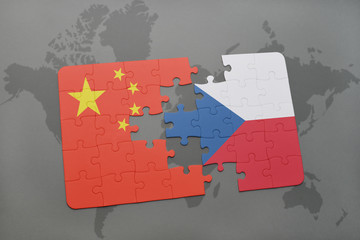 puzzle with the national flag of china and czech republic on a world map background.