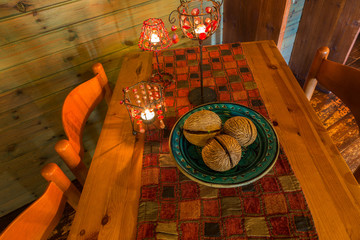 romantic view of the wooden table with red light 