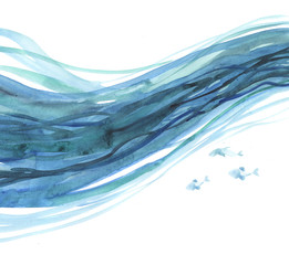 waves background pattern. sea watercolor illustration. blue wate
