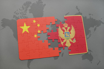puzzle with the national flag of china and montenegro on a world map background.