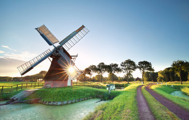 morning sunshine behind Dutch windmill