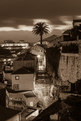 Overview of Old Town of Porto, Portugal at night