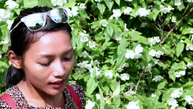 young woman sniff the flowers on the bush