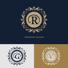 Luxury Logo template flourishes calligraphic elegant ornament lines. Letter R, G, V. Business sign, identity for Restaurant, Royalty, Boutique, Hotel, Heraldic, Jewelry, Fashion. Vector illustration