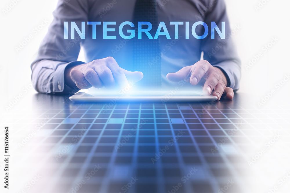 Poster businessman using modern tablet pc and selecting integration.