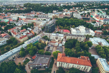 Fototapeta na wymiar Aerial image of Kaunas city, Lithuania. Summer sunset scene
