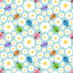 Seamless pattern background with flowers and ladybugs