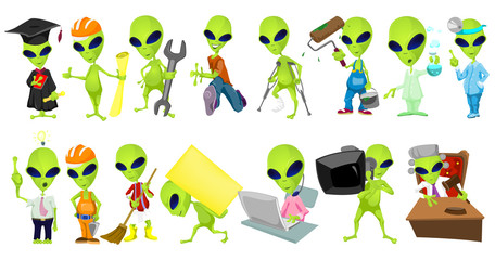 Vector set of aliens profession illustrations.