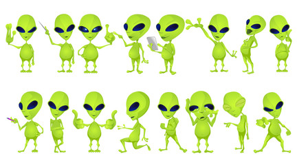 Vector set of funny green aliens illustrations. - obrazy, fototapety, plakaty