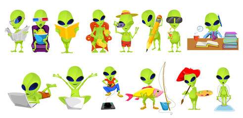 Vector set of green aliens hobby illustrations.