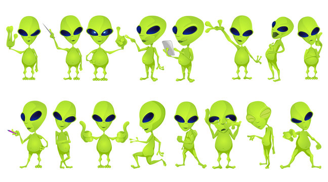 Vector set of funny green aliens illustrations.