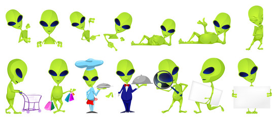 Vector set of funny green aliens illustrations.