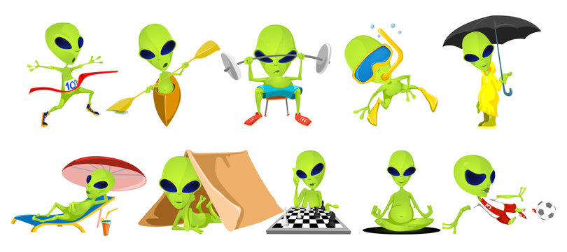 Vector set of green aliens sport illustrations.