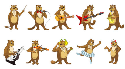 Fototapeta premium Vector set of cute beavers music illustrations.