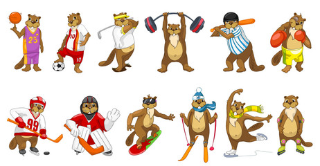 Vector set of cute beavers sport illustrations. © Visual Generation
