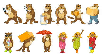 Vector set of cute beavers illustrations. © Visual Generation