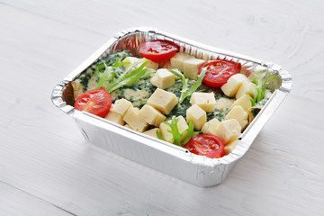 Healthy food in boxes, diet concept.