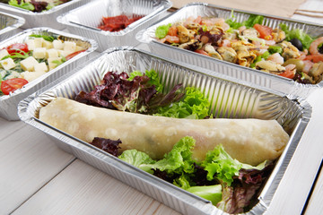 Healthy food in boxes, diet concept.