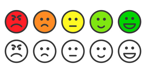 Emoji icons, emoticons for rate of satisfaction level. Five grade smileys for using in surveys. Colored and outline icons. Isolated vector illustration on white background