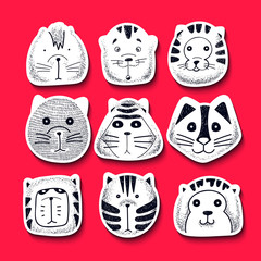 Obraz premium Set of cute doodle cats. Character sketch cat. Cats in style of retro engraving vector. Kids doodle animals. Stylish muzzle cats. Isolated cat. Emotions for design. Cats doodle illustration vector