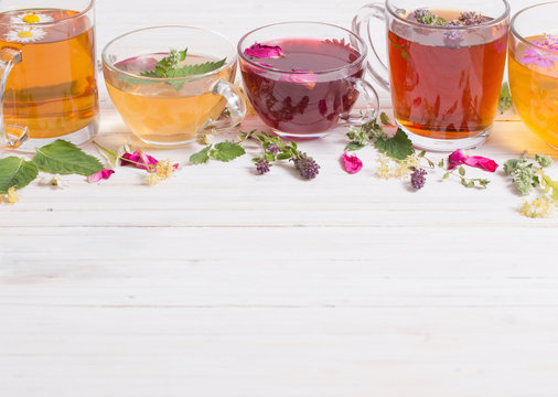 herbal tea on a white wooden background