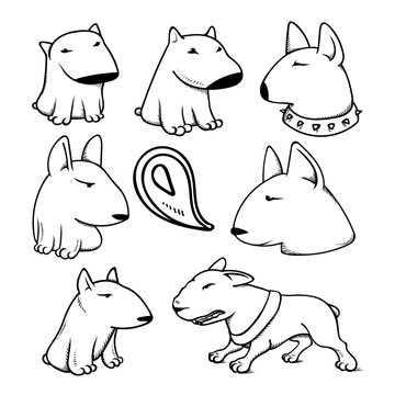 Dogs characters pitbull. Funny animals cartoon. Doodle dog. Sticker dog pitbull. Funny character dogs. Set dog isolated pitbull.