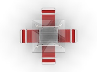 Glass table with four red chairs - on white background