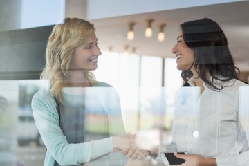 Businesswomen shaking hands in office
