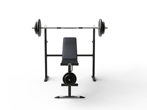 Incline gym bench with barbell weight and additional weight plates - front view - on white