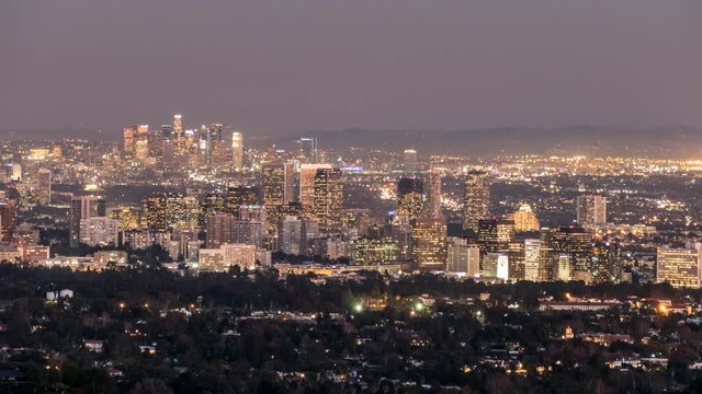 Century City and Downtown Los Angeles Day to Night Time Lapse with Zoom In