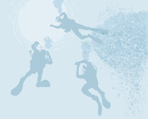 Three divers under water, view from the seabed with bubble details.