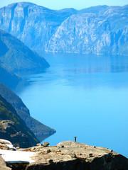 Lysefjord - view from  the Kjerag is a popular mountain peak that towers a 1000 metres over the Lysefjord