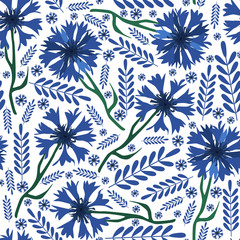 Floral seamless pattern.Textile print with blue flowers.Vector textile texture