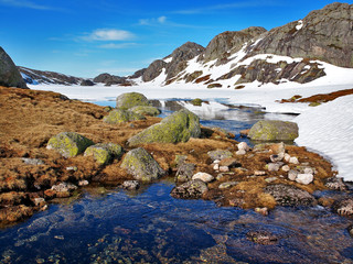 Snowy scenery in Norway near the Kjerag plateau - Langavatn cabin 