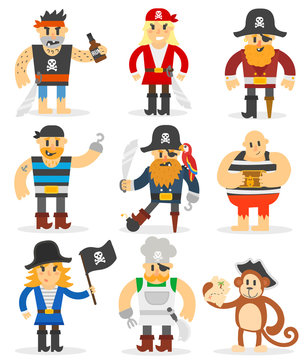 Group of cartoon pirates with swords. Cartoon pirates character with sword, hat, skull and monkey. Funny cartoon pirates happy sailor boy costume. Fantasy kid adventure sea treasure man.