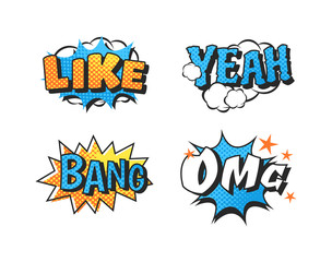 Pop art comic speech bubble boom effects vector. Bubble boom speech and pop explosion bang bubble boom. Communication cloud fun humor book splash element abstract funny balloon.
