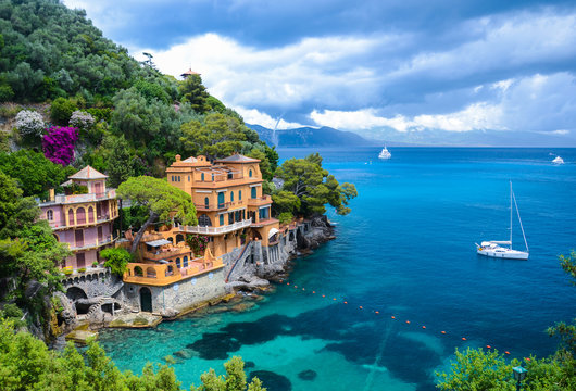 Stunning view on a beautiful bay before storm in Portofino, Italy
