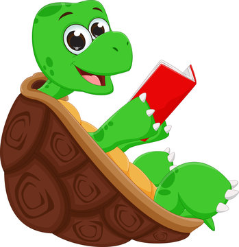 happy turtle cartoon reading book
