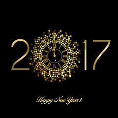 Gold Clock with New Year numerals on a black background