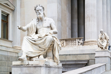Statue of Xenophon of Athens in front of Austrian Parliament building on Ringstrasse in Vienna,...
