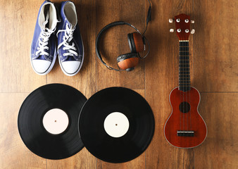 Fototapeta premium Musician set on brown wooden background