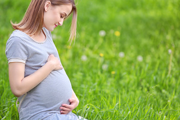 Fototapeta premium Beautiful pregnant woman sitting on grass