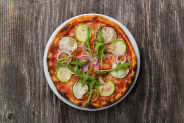 Top view of fresh baked vegan pizza