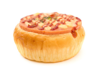 side view bread with BBQ pork on top on a white background